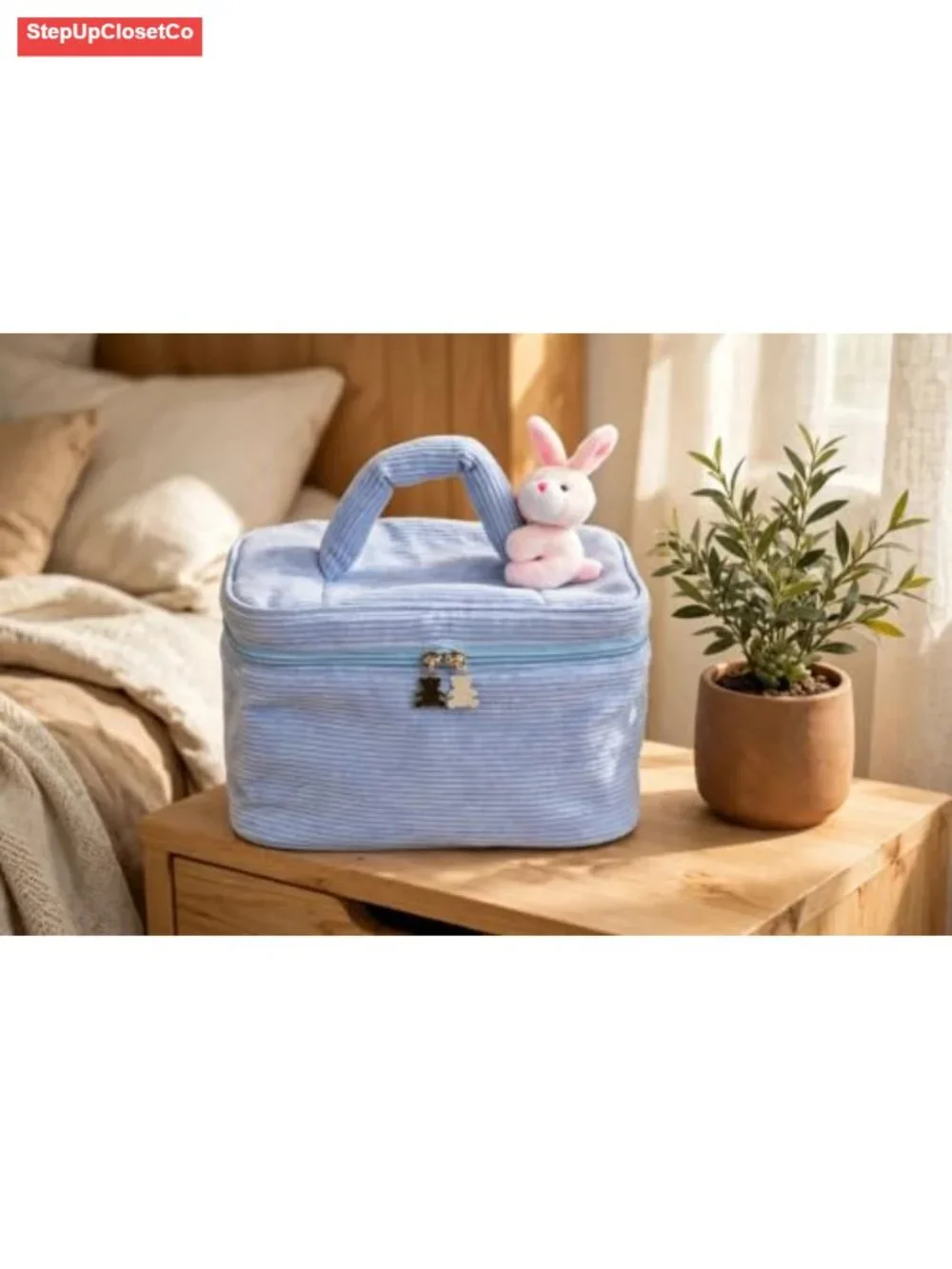Cute Corduroy Makeup Bag with Bear Charm, Large Cosmetic Organizer, Travel